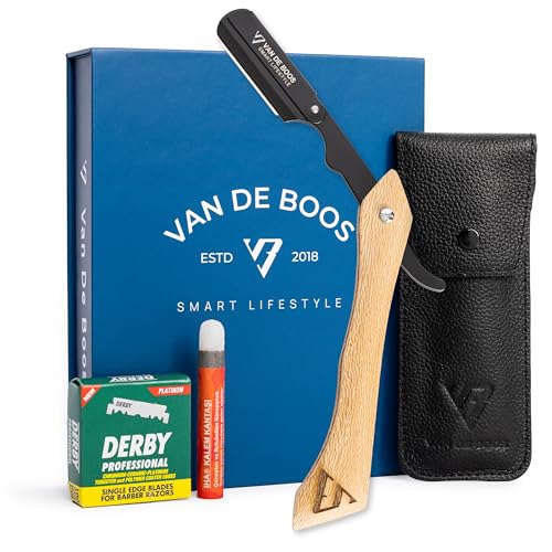 Van De Boos® Rasiermesser-Set mit Holzgriff, Alaunstift, Derby Wechselklingen & Leder-Etui - Barber Bartmesser mit extra scharfen Klingen - Barbier-Messer für präzise Bart-Nassrasur (Herren Rasierer) von VAN DE BOOS