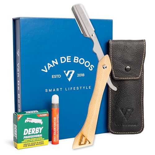 Van De Boos® Rasiermesser-Set mit Holzgriff, Alaunstift, Derby Wechselklingen & Leder-Etui - Barber Bartmesser mit extra scharfen Klingen - Barbier-Messer für präzise Bart-Nassrasur (Herren Rasierer) von VAN DE BOOS