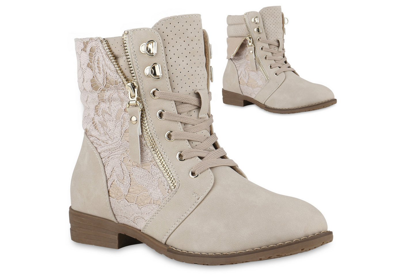 VAN HILL 815442 Schnürstiefelette Damen Schnürstiefeletten Spitze Stiefeletten Zipper Worker Boot von VAN HILL