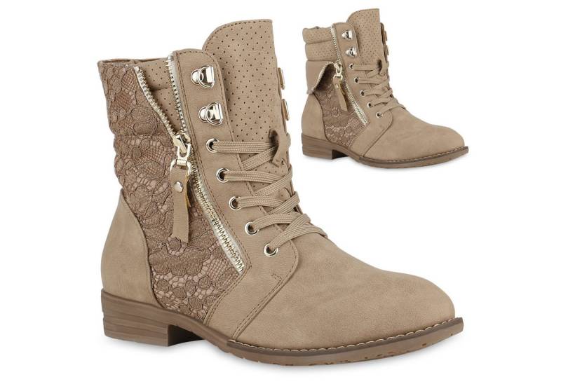 VAN HILL 815442 Schnürstiefelette Damen Schnürstiefeletten Spitze Stiefeletten Zipper Worker Boot von VAN HILL