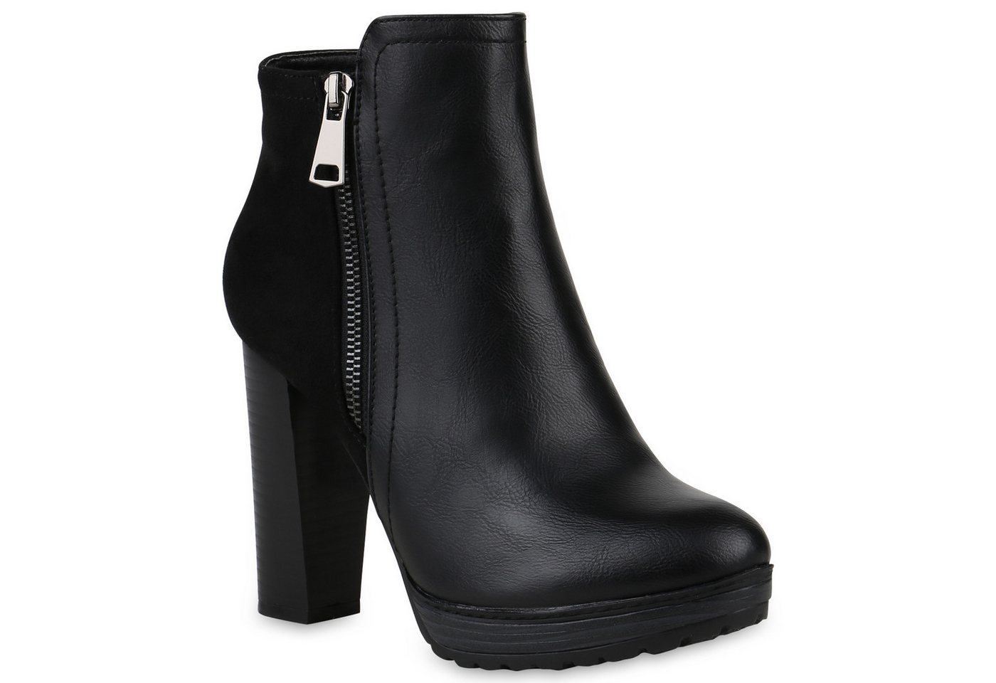 VAN HILL 818507 Plateaustiefelette Damen Stiefeletten Plateau-Boots Zipper Holzoptikabsatz von VAN HILL