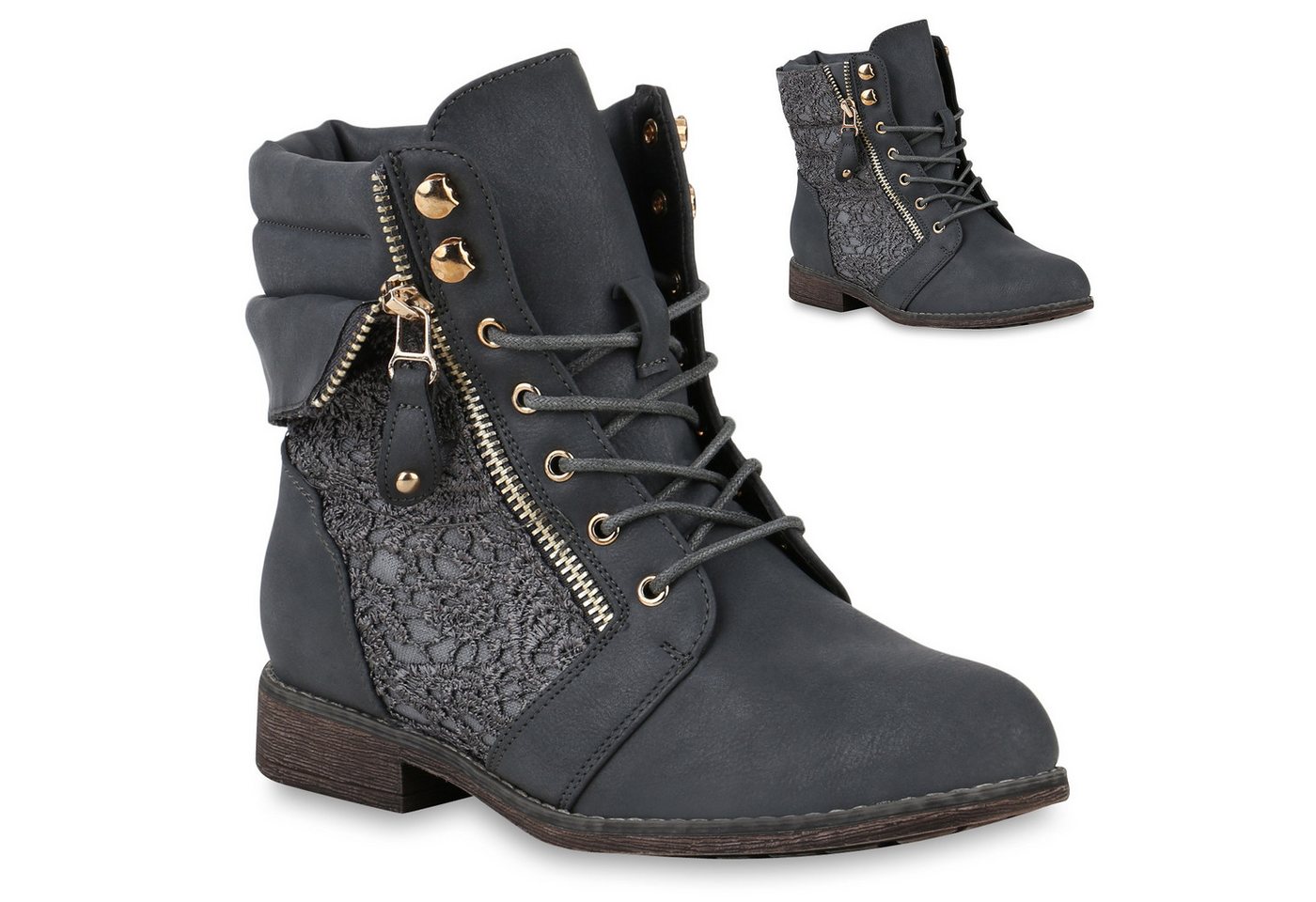 VAN HILL 818846 Schnürstiefelette Damen Stiefeletten Zipper Schnürstiefeletten Blockabsatz Gefüttert von VAN HILL