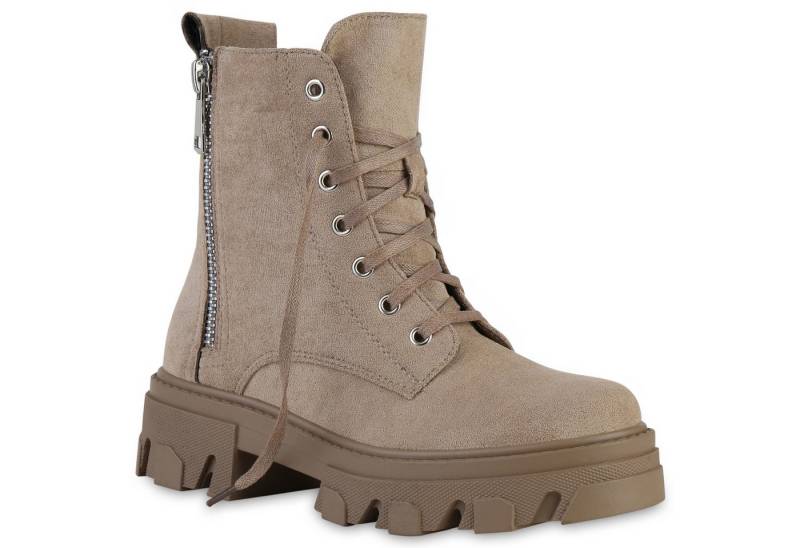 VAN HILL 835549 Plateaustiefelette Damen Stiefeletten Plateau Boots Kroko Zipper Blockabsatz Schnürer von VAN HILL