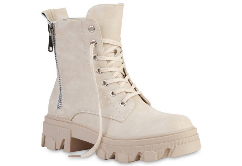 VAN HILL 835653 Plateaustiefelette Damen Stiefeletten Plateau Boots Kroko Zipper Blockabsatz Schnürer von VAN HILL