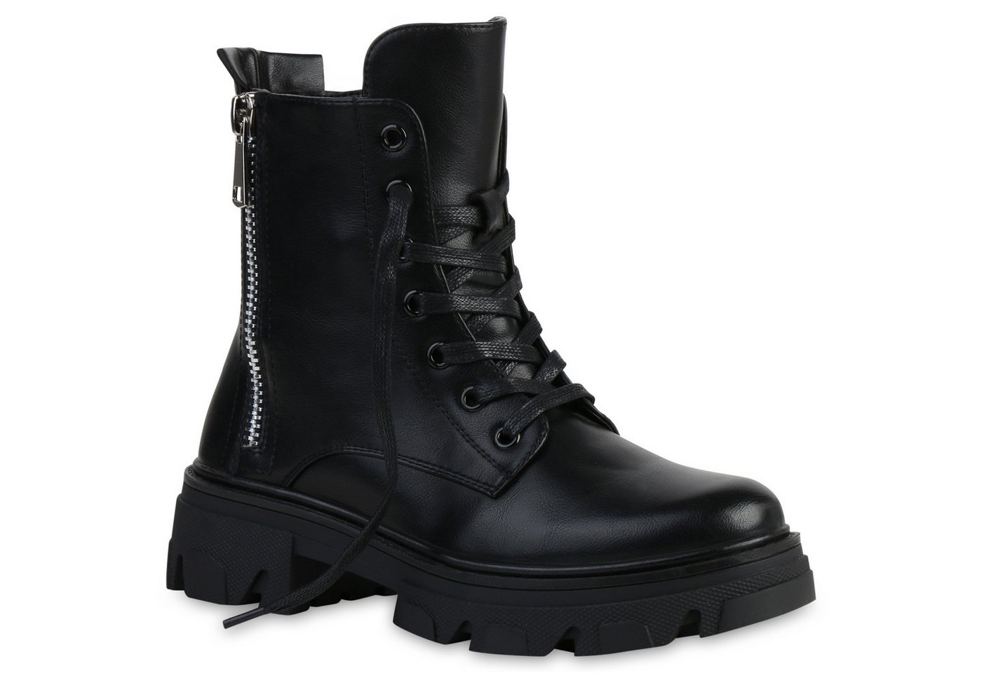 VAN HILL 835653 Plateaustiefelette Damen Stiefeletten Plateau Boots Kroko Zipper Blockabsatz Schnürer von VAN HILL