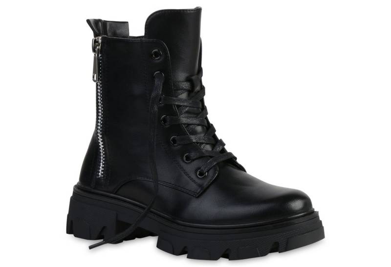 VAN HILL 835653 Plateaustiefelette Damen Stiefeletten Plateau Boots Kroko Zipper Blockabsatz Schnürer von VAN HILL