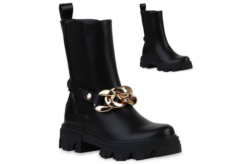 VAN HILL 837633 Plateaustiefelette Damen Plateau Boots Stiefeletten Ketten Stiefel Profil-Sohle von VAN HILL