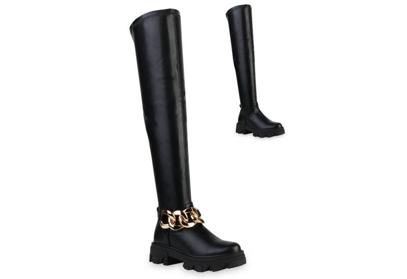 VAN HILL 837785 Overkneestiefel Damen Stiefel Overknees Blockabsatz Ketten Profil-Sohle von VAN HILL