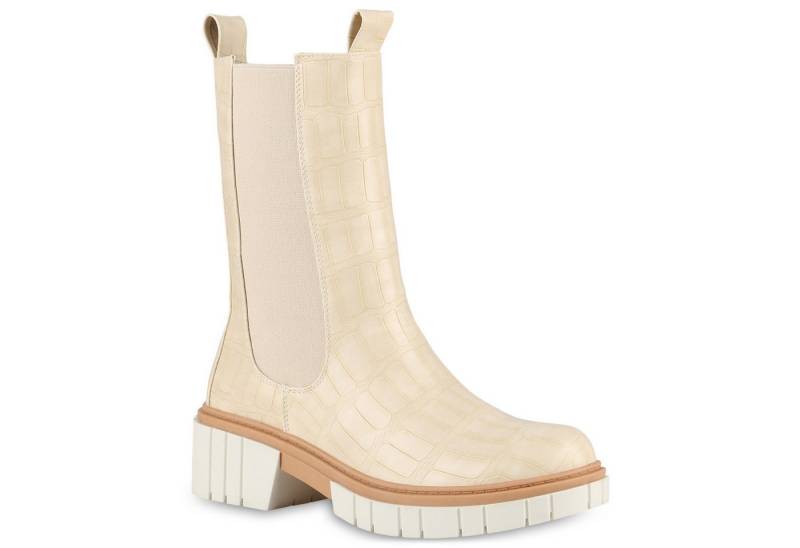 VAN HILL 838051 Plateaustiefel Damen Plateaustiefel Stiefel Blockabsatz Kroko Profil-Sohle von VAN HILL