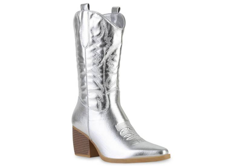 VAN HILL 838384 Cowboystiefel Damen Stiefel Cowboystiefel Holzoptikabsatz Stickereien von VAN HILL