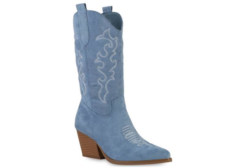 VAN HILL 839969 Cowboystiefel Damen Stiefel Cowboystiefel Stickereien Holzoptikabsatz von VAN HILL