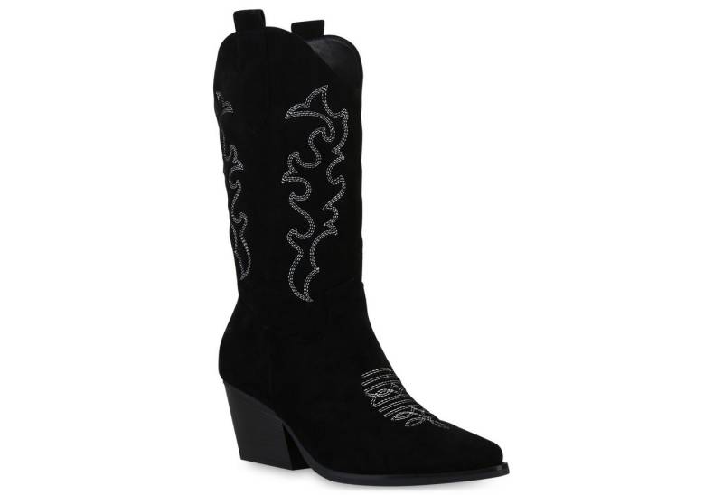 VAN HILL 839969 Cowboystiefel Damen Stiefel Cowboystiefel Stickereien Holzoptikabsatz von VAN HILL