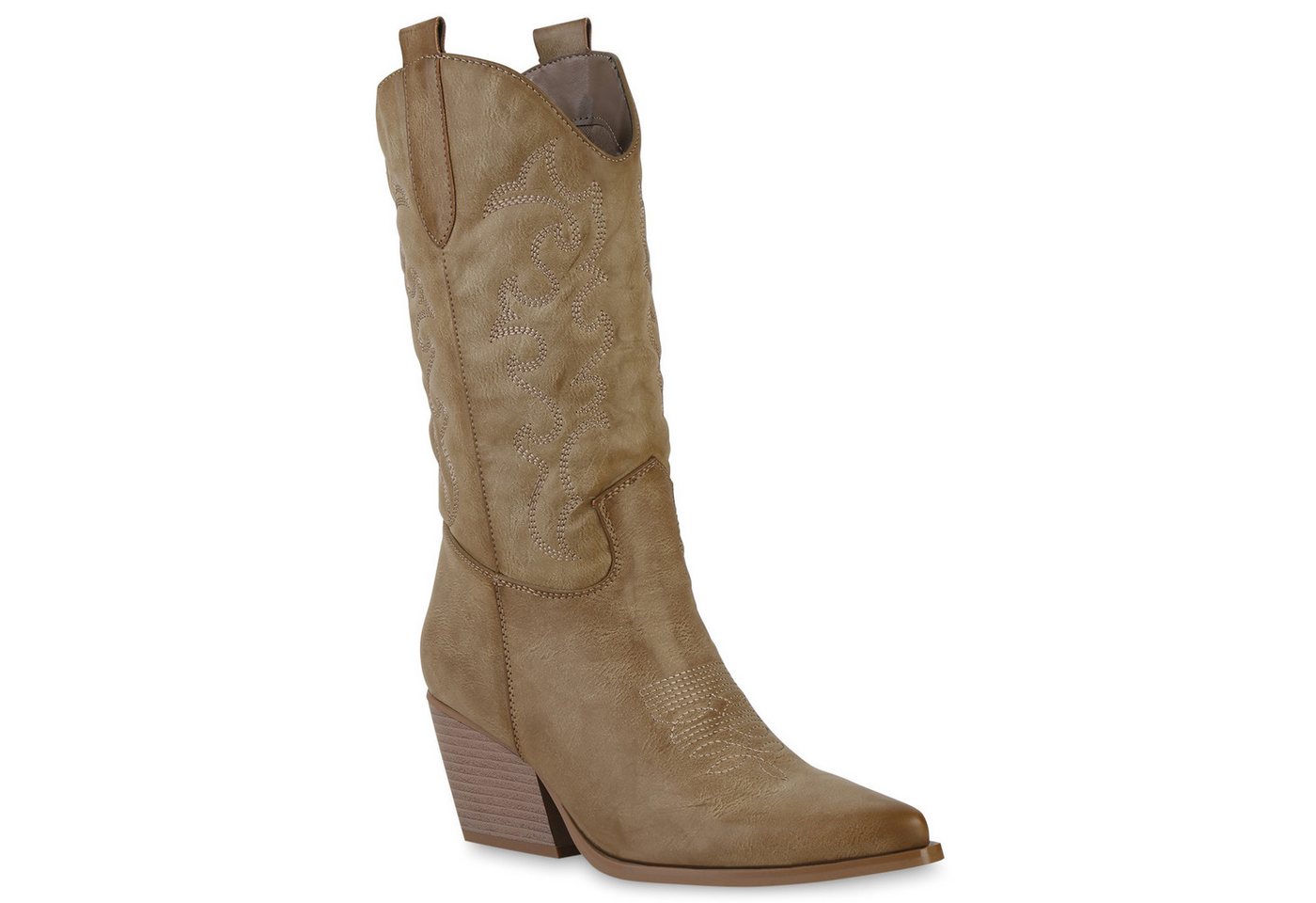 VAN HILL 839969 Cowboystiefel Damen Stiefel Cowboystiefel Stickereien Holzoptikabsatz von VAN HILL