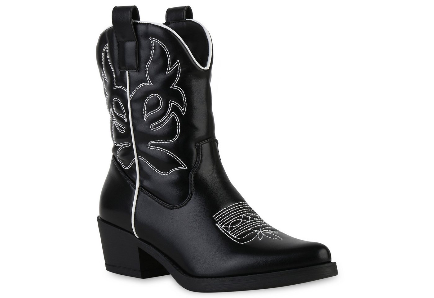 VAN HILL 840203 Cowboy Boots Damen Stiefeletten Cowboy Boots Stickereien Holzoptikabsatz von VAN HILL