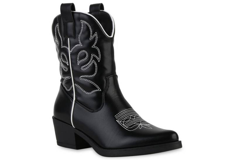 VAN HILL 840203 Cowboy Boots Damen Stiefeletten Cowboy Boots Stickereien Holzoptikabsatz von VAN HILL