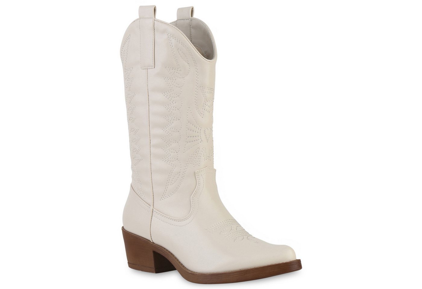 VAN HILL 840208 Cowboystiefel Damen Cowboystiefel Stiefel Stickereien Holzoptikabsatz von VAN HILL