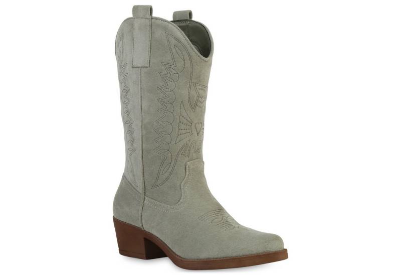 VAN HILL 840208 Cowboystiefel Damen Cowboystiefel Stiefel Stickereien Holzoptikabsatz von VAN HILL