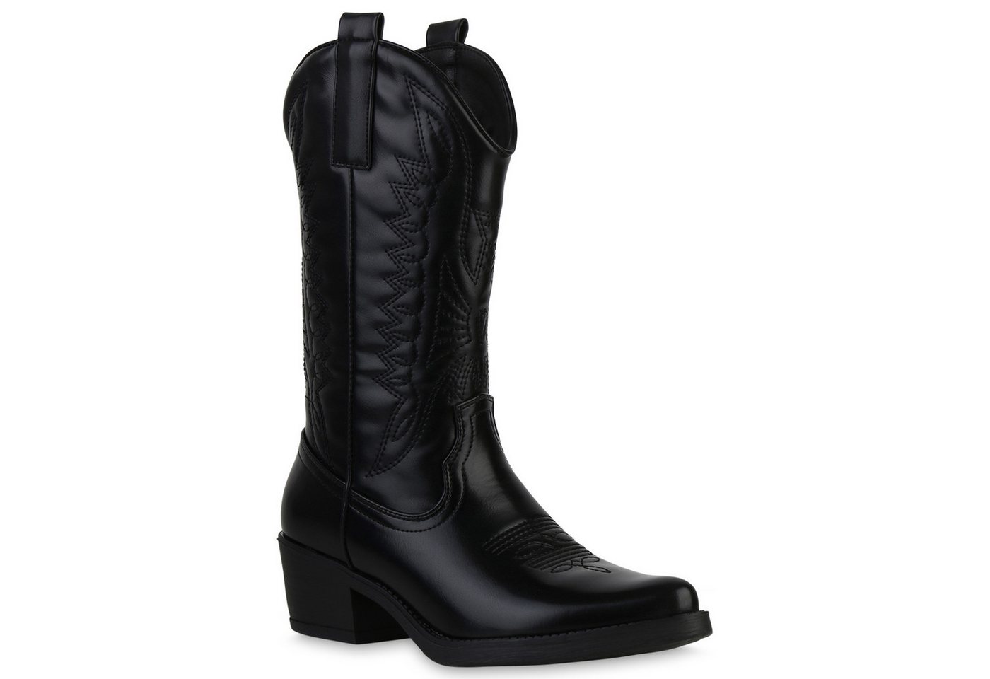 VAN HILL 840208 Cowboystiefel Damen Cowboystiefel Stiefel Stickereien Holzoptikabsatz von VAN HILL