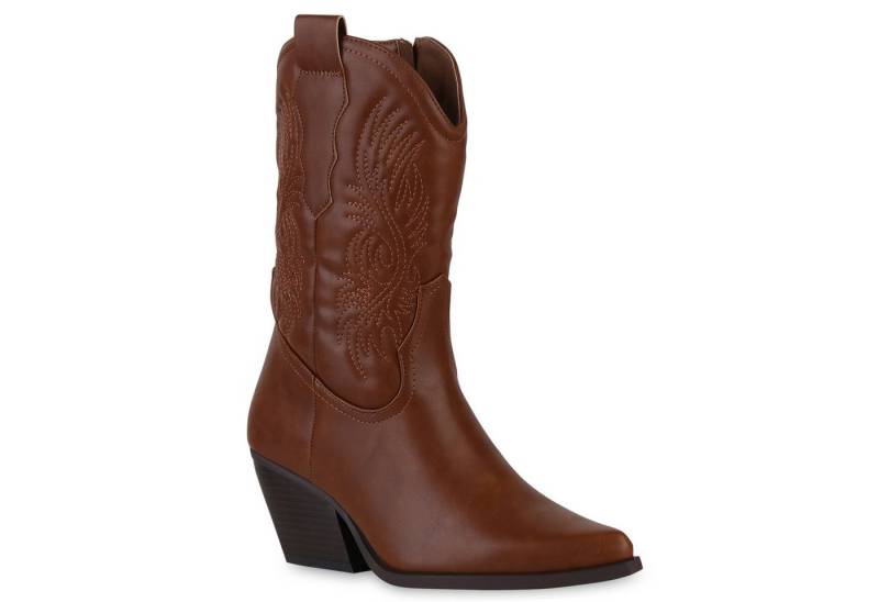 VAN HILL 840253 Cowboy Boots Damen Stiefeletten Cowboy Boots Stickereien Holzoptikabsatz von VAN HILL