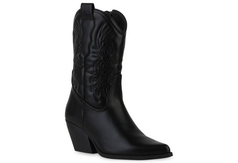 VAN HILL 840253 Cowboy Boots Damen Stiefeletten Cowboy Boots Stickereien Holzoptikabsatz von VAN HILL