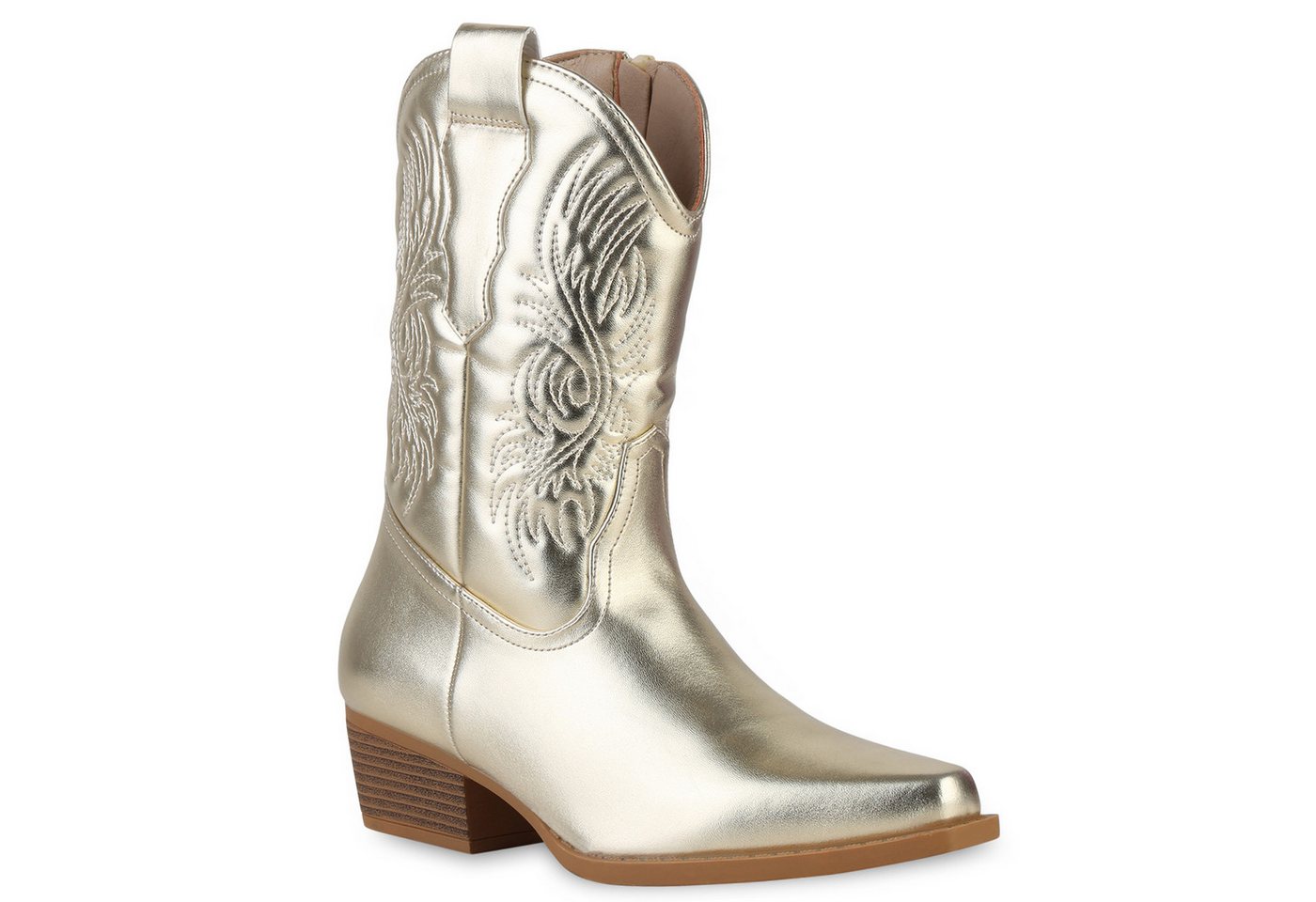 VAN HILL 840254 Cowboy Boots Damen Cowboy Boots Stiefeletten Stickereien Holzoptikabsatz von VAN HILL