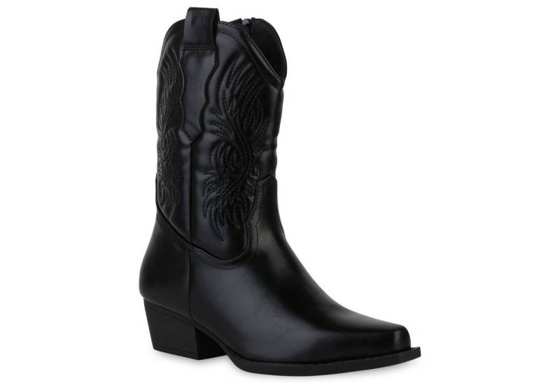 VAN HILL 840254 Cowboy Boots Damen Cowboy Boots Stiefeletten Stickereien Holzoptikabsatz von VAN HILL