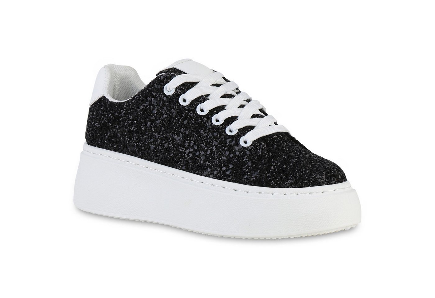VAN HILL 840510 Plateausneaker Damen Plateau Sneaker Keilabsatz Schnürer Glitzer Plateau- von VAN HILL