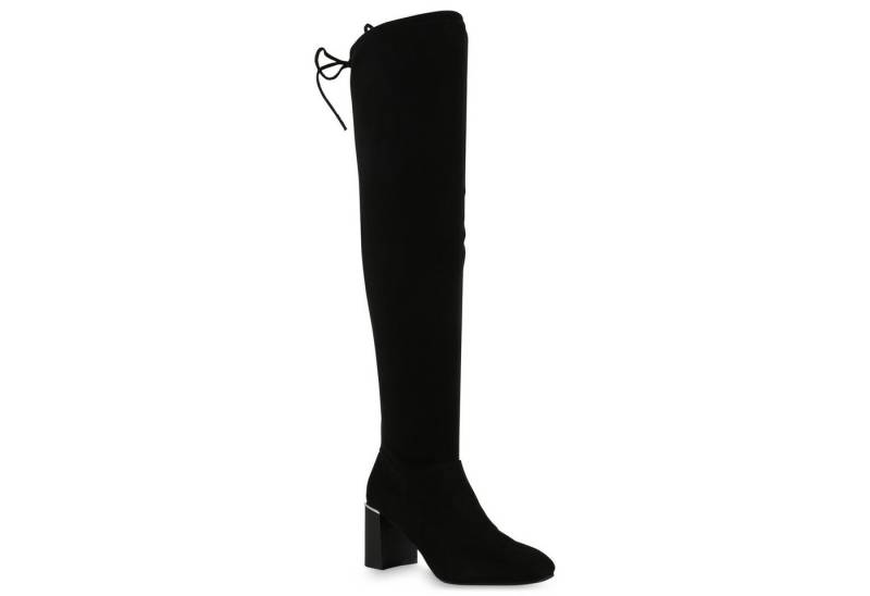 VAN HILL 840522 Overkneestiefel Damen Overknees Stiefel Holzoptikabsatz Langschaftstiefel von VAN HILL