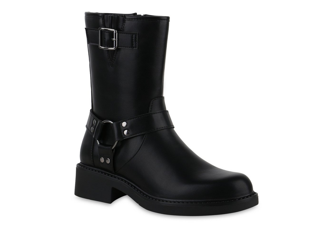 VAN HILL 840869 Bikerboots Damen Biker Boots Stiefeletten Nieten Stiefel Schnallen von VAN HILL