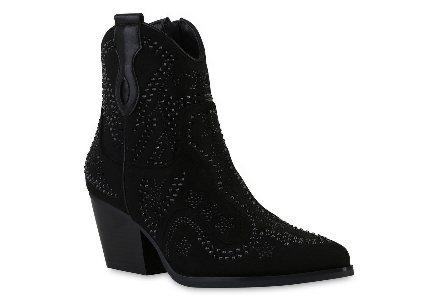 VAN HILL 840898 Cowboy Boots Damen Cowboy Boots Stiefelette Spitz Strass Holzoptikabsatz von VAN HILL