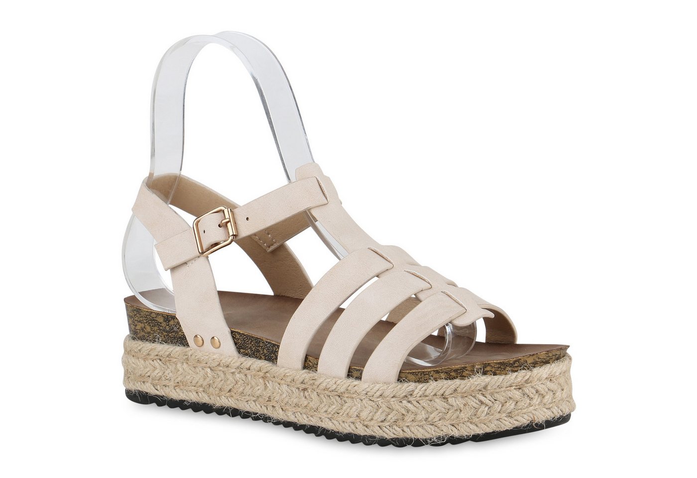 VAN HILL 840920 Plateausandaletten Damen Plateau Sandaletten Bast Korkoptik Profil-Sohle von VAN HILL