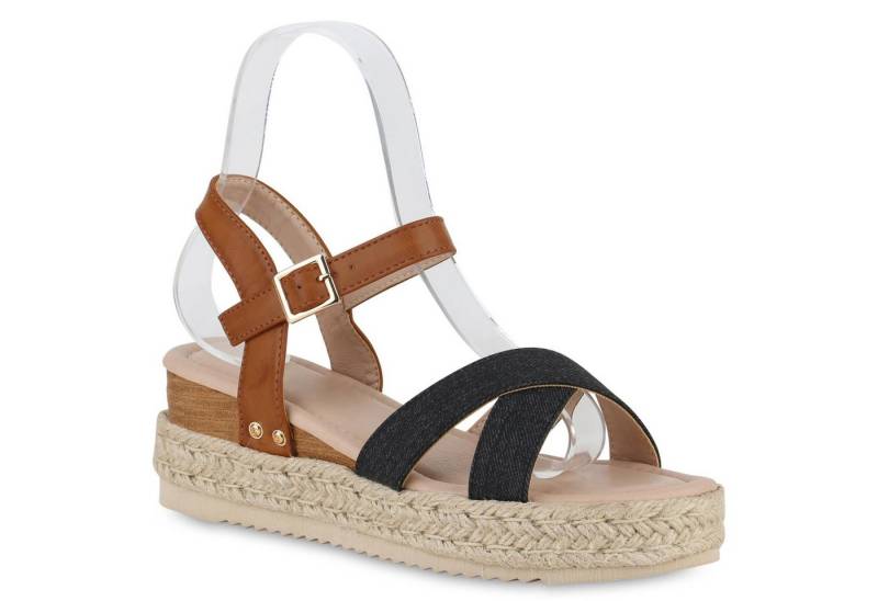 VAN HILL 840959 Plateausandaletten Damen Plateau Sandaletten Bast Denim Wedges Profil-Sohle von VAN HILL