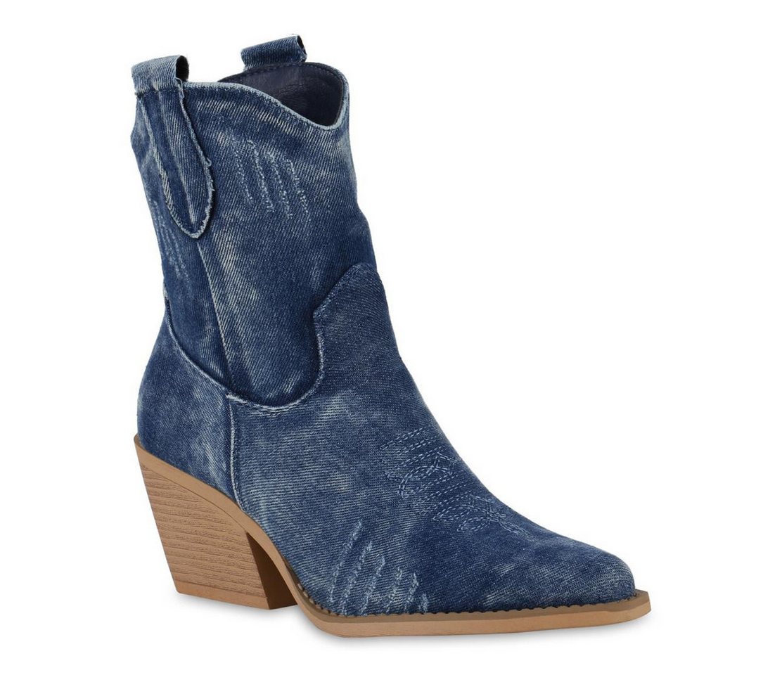 VAN HILL 840975 Cowboy Boots Damen Cowboy Boots Stiefeletten Spitze Denim Stickereien von VAN HILL