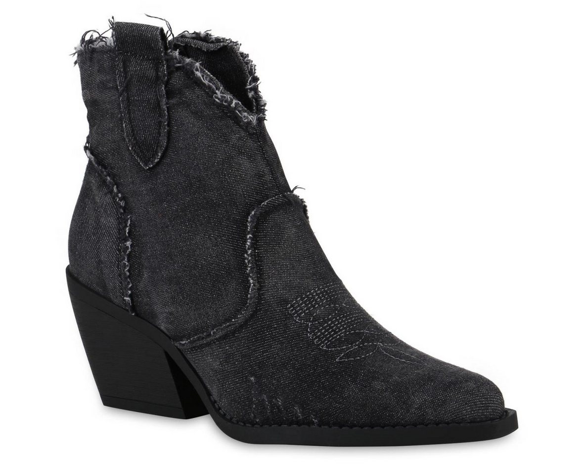 VAN HILL 840976 Cowboy Boots Damen Cowboy Boots Stiefeletten Denim Fransen Stickereien von VAN HILL