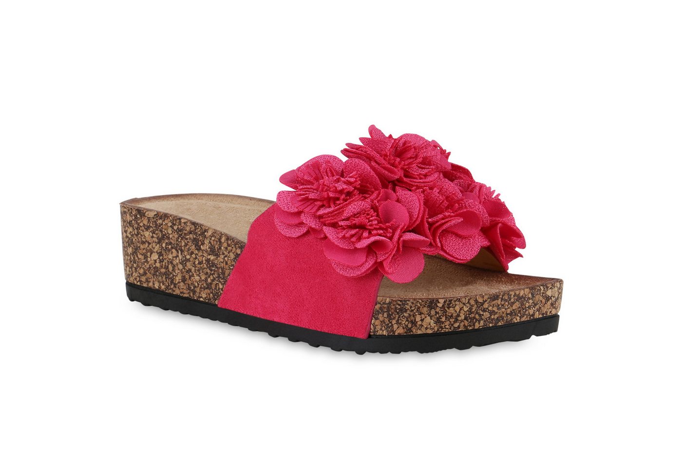 VAN HILL 840991 Sandalette Damen Pantoletten Sandaletten Blumen Volants Korkoptik von VAN HILL