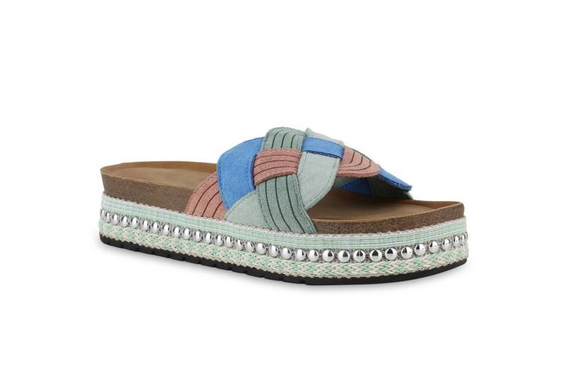 VAN HILL 841004 Sandalette Damen Pantoletten Sandaletten Nieten Ethno Look Plateau- von VAN HILL