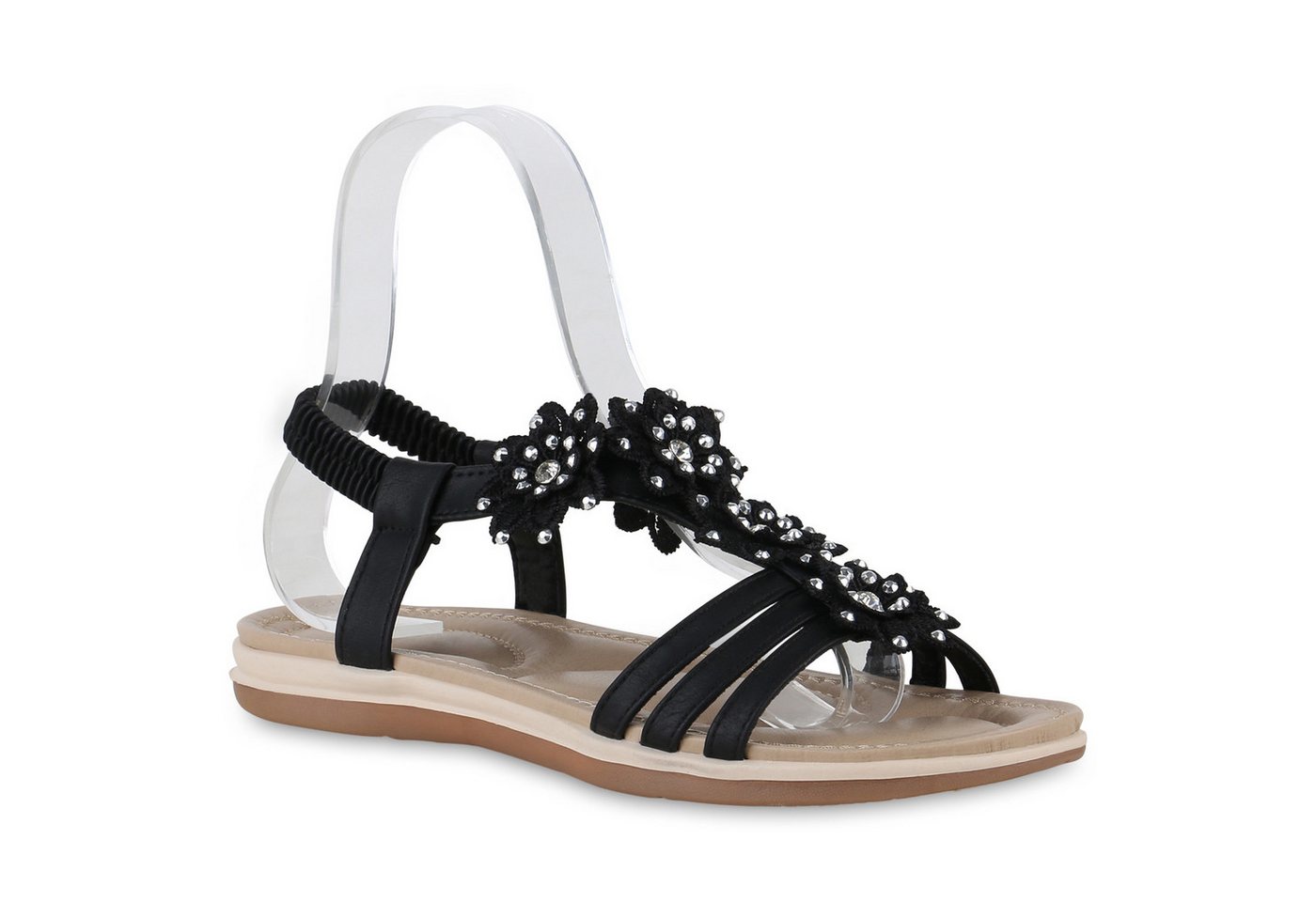 VAN HILL 841037 Riemchensandale Damen Riemchensandalen Sandalen Strass Blumen von VAN HILL
