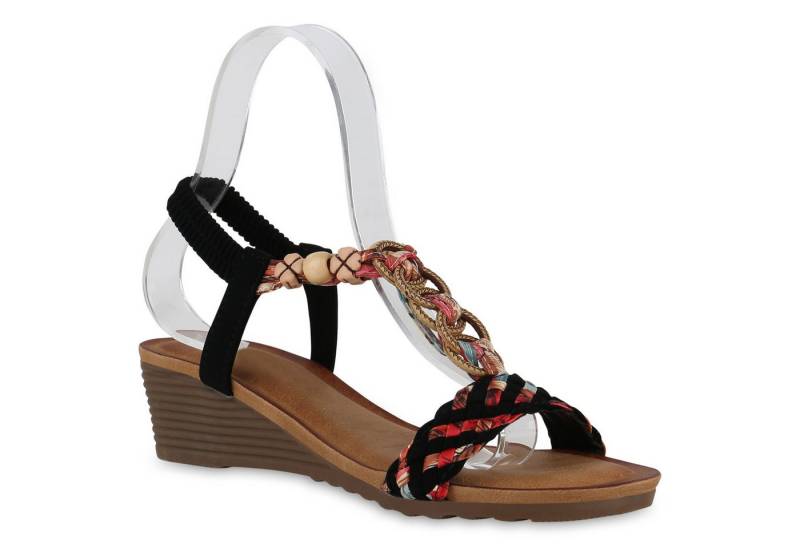 VAN HILL 841085 Keilsandalette Damen Keilsandaletten Sandaletten Prints Wedges Zierperlen von VAN HILL