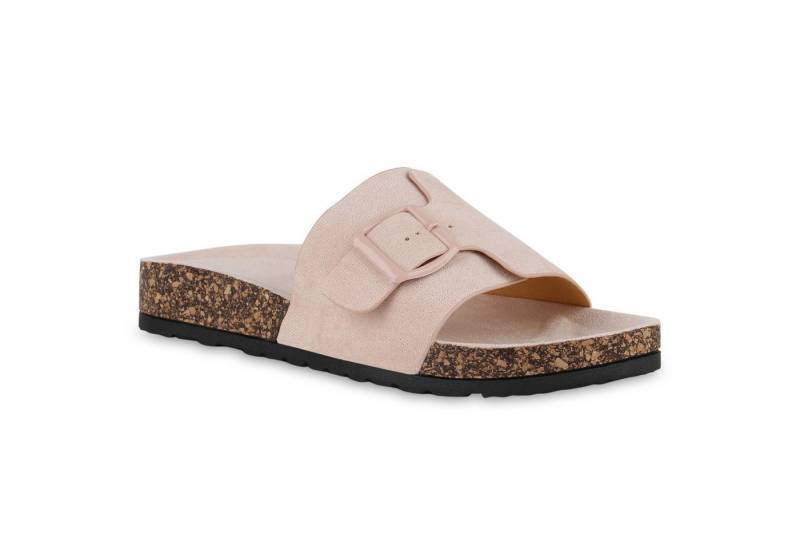 VAN HILL 841089 Pantolette Damen Pantoletten Sandalen Schnallen Korkoptik Profil-Sohle von VAN HILL