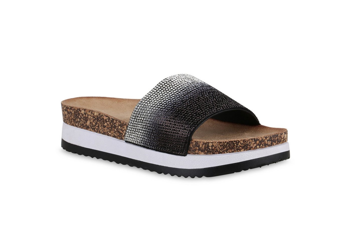 VAN HILL 841091 Sandalette Damen Pantoletten Sandaletten Plateau Strass Korkoptik von VAN HILL