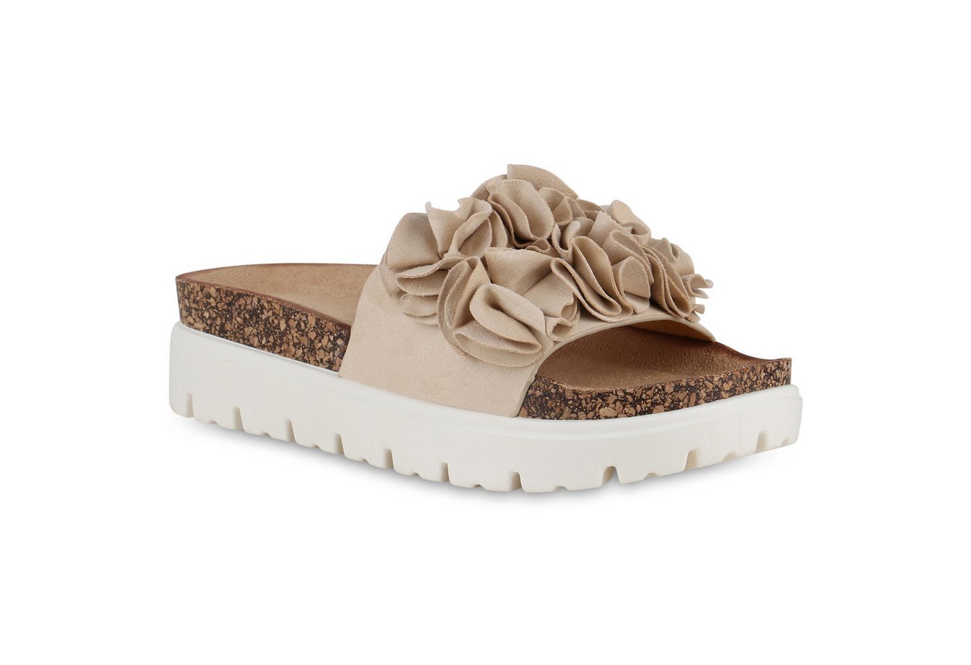 VAN HILL 841092 Sandalette Damen Pantoletten Sandaletten Korkoptik Volant Profil-Sohle von VAN HILL