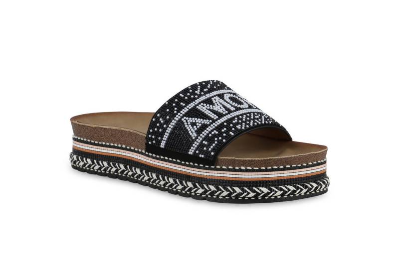 VAN HILL 841097 Sandalette Damen Pantoletten Sandaletten Zierperlen Prints Plateau- von VAN HILL