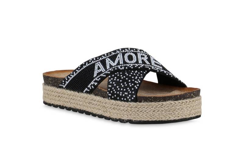 VAN HILL 841099 Sandalette Damen Pantoletten Sandaletten Print Zierperlen Bast Plateau von VAN HILL