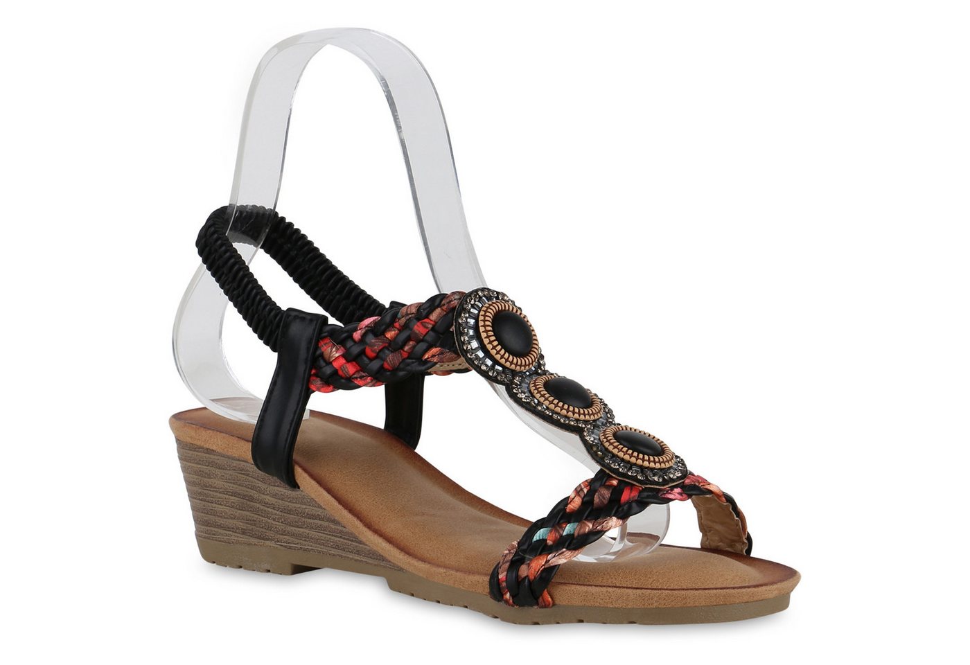 VAN HILL 841103 Keilsandalette Damen Keilsandaletten Sandaletten Prints Wedges Strass von VAN HILL