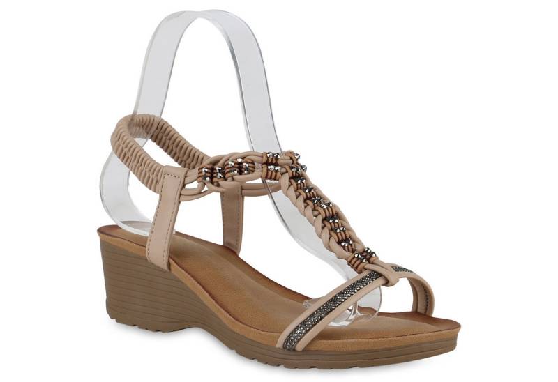 VAN HILL 841107 Keilsandalette Damen Keilsandaletten Sandaletten Strass Leder-Optik von VAN HILL