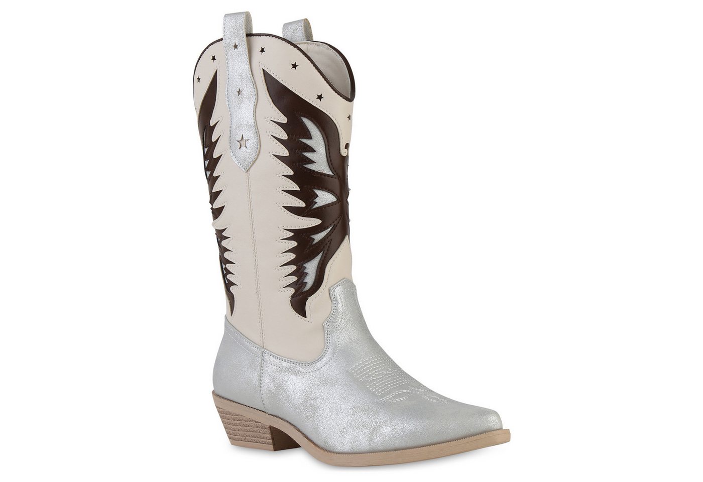 VAN HILL 841113 Cowboystiefel Damen Cowboystiefel Stiefel Spitze Holzoptikabsatz Western von VAN HILL