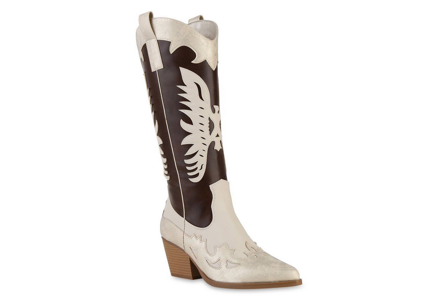 VAN HILL 841120 Cowboystiefel Damen Cowboystiefel Trichterabsatz Holzoptikabsatz Trendy von VAN HILL