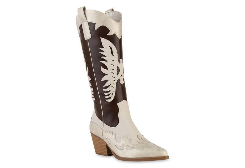 VAN HILL 841120 Cowboystiefel Damen Cowboystiefel Trichterabsatz Holzoptikabsatz Trendy von VAN HILL