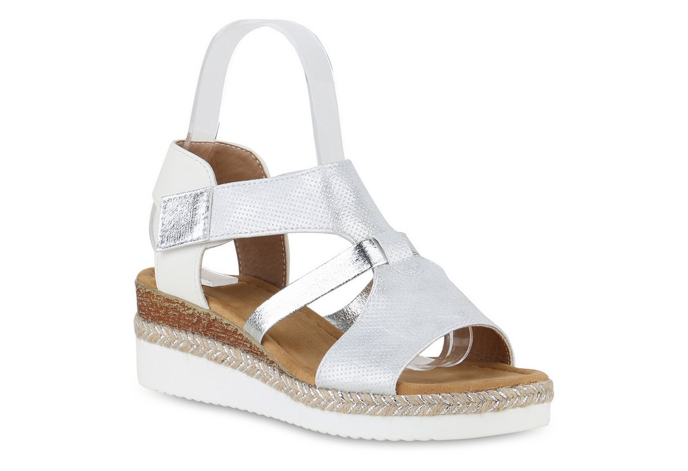 VAN HILL 841153 Keilsandalette Damen Keilsandaletten Sandalette Metallic Bast Profil-Sohle von VAN HILL