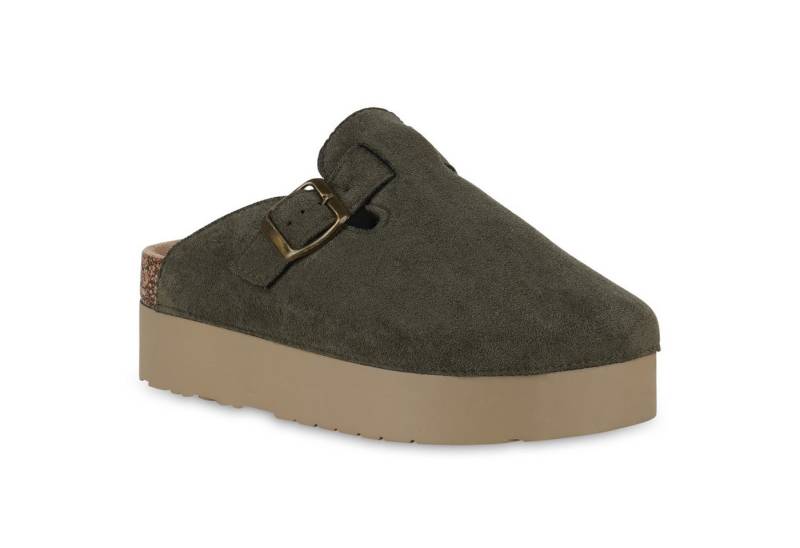 VAN HILL 841256 Hausschuh Damen Pantoffeln Hausschuhe Plateau Profil-Sohle Schnallen von VAN HILL